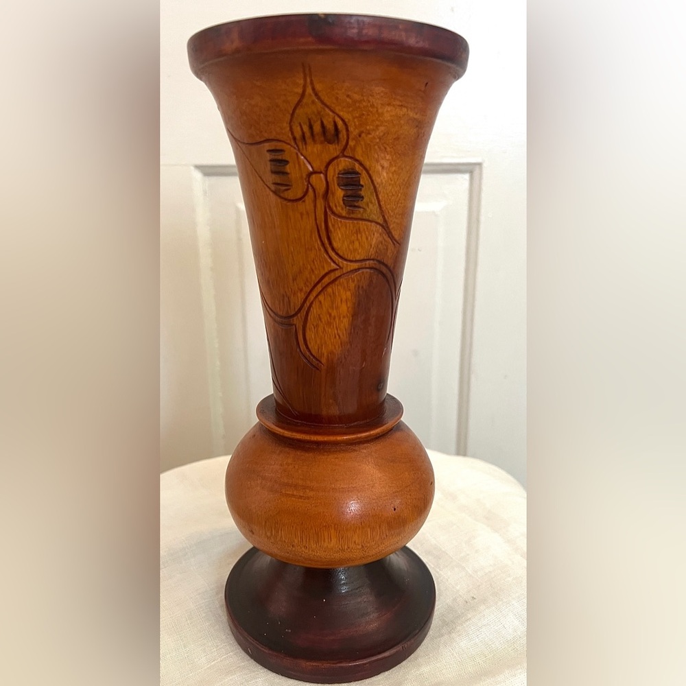 Vintage Hand Carved Wood Floral Vase 9.5" Tall Made in Haiti Two Tone Vase